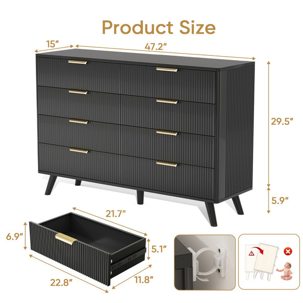 English Elm 6 Drawer Fluted Wood Dresser Natural Finish Compact Chest for Nursery or Bedroom Black T3773P415549