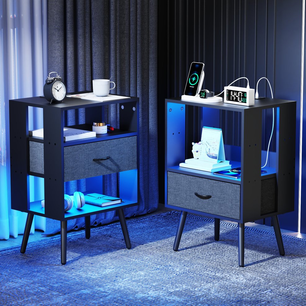 English Elm 2 Pack Modern Nightstands With Led Lighting & Charging Station - Stylish Fabric Drawers Included W1550P272495