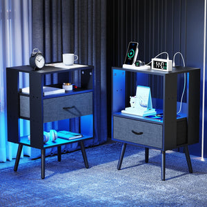 English Elm 2 Pack Modern Nightstands With Led Lighting & Charging Station - Stylish Fabric Drawers Included W1550P272495