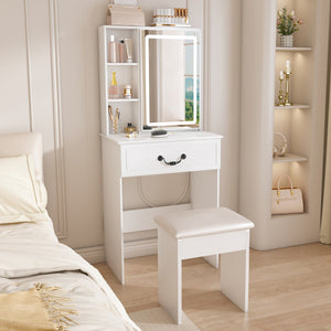 English Elm Modern Mini Dressing Table LED Vanity with Adjustable 3-Mode Brightness, Hidden Storage & Stool (White) W2699P296516