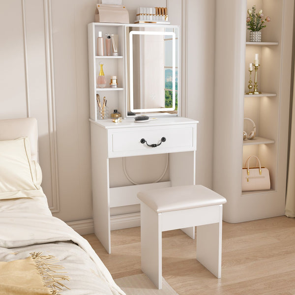 English Elm Modern Mini Dressing Table LED Vanity with Adjustable 3-Mode Brightness, Hidden Storage & Stool (White) W2699P296516