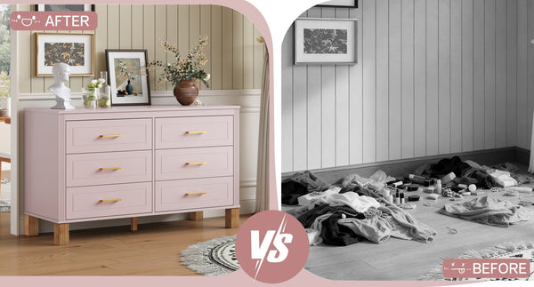 English Elm 6-drawer Double Dresser Solid Wood Legs Mid-century Modern Bedroom Storage Cabinet Pink W1445S00009