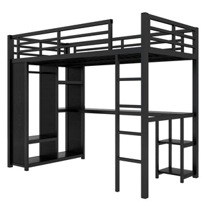 English Elm Twin Xl Loft Bed Frame With Desk & Wardrobe, Space-Saving Metal Design With Storage Shelves, Black W1580S00119-GIGA