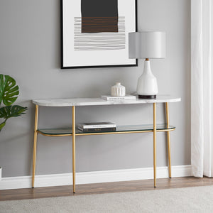English Elm Walker Edison - Modern Curved Faux Marble Entry Table with Gold Base — Minimalist UV-Coated MDF, Tempered Glass Finish B185P169024