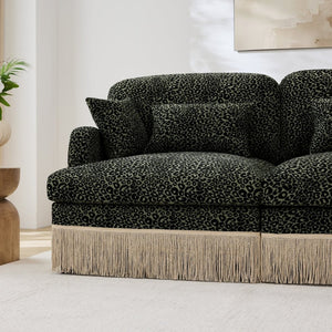 English Elm Comfy Chenille Leopard Print Loveseat with Tassel Trim and Movable Ottoman Modules Green W5656S00030