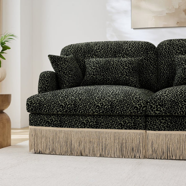 English Elm 131"comfy Chenille Leopard Print U-shaped Sectional with Tassel Trim and Modular Ottomans Green W5656S00036