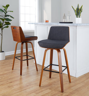English Elm Fixed-height Swivel Barstools Mid-century Walnut Legs Charcoal Upholstered Seat Set of 2 B202S02155