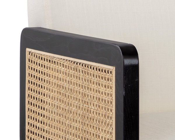 Sunpan Claudette Modern Office Chair in Linoso Ivory with Rattan, Gold Base, and Black Rubberwood Arms