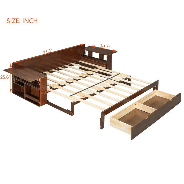 English Elm Queen Daybed with Hydraulic Desk Storage Drawers and Convertible Sofa for Small Spaces Espresso LT000272AAP