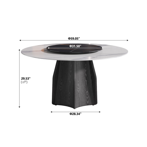 English Elm 59.05" Round Marble Dining Table With Black Oak Base & 31.5" Turntable For Elegant Gatherings W1535S00385