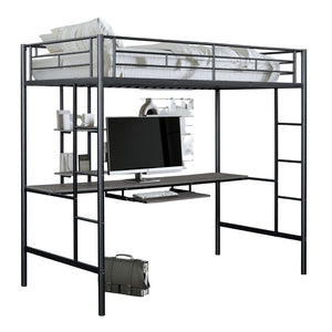 English Elm Black Twin Loft Bed with House-Style Gable, Full Metal Frame, Angled Ladder, Modern Kids Bunk Black 79 L x 17 W x 8 H B2741P347847