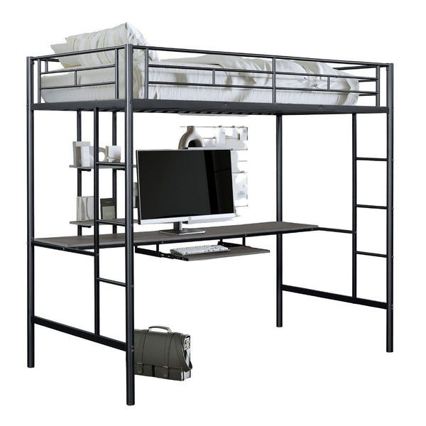 English Elm Black Twin Loft Bed with House-Style Gable, Full Metal Frame, Angled Ladder, Modern Kids Bunk Black 79 L x 17 W x 8 H B2741P347847