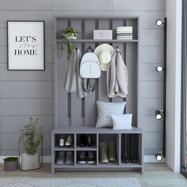 English Elm Tulcan 38" Hall Tree with Bench & Shoe Storage, Smoke Grey Coat Rack, 4 Hooks, Top Shelf, 68"H B200S00273