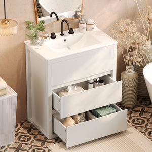 English Elm Christopher Knight Home® - 30" Bathroom Vanity with Ceramic Sink, 2 Soft-Close Full-Extension Drawers, Handle-Free 45° Design, Durable MDF White N817P280549W
