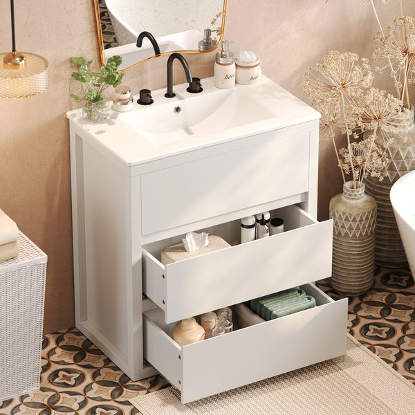 English Elm Christopher Knight Home® - 30" Bathroom Vanity with Ceramic Sink, 2 Soft-Close Full-Extension Drawers, Handle-Free 45° Design, Durable MDF White N817P280549W
