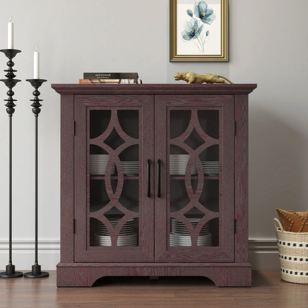 English Elm Elegant Mirrored Sideboard with Butterfly Carved Doors Wood Grain Finish Dining Storage Ox Blood Red W2899P372744