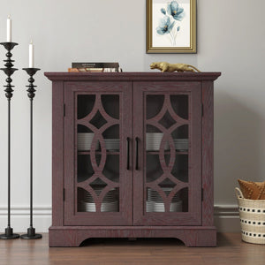 English Elm Elegant Mirrored Sideboard with Butterfly Carved Doors Wood Grain Finish Dining Storage Ox Blood Red W2899P372744