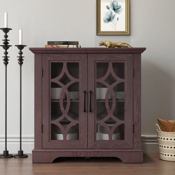 English Elm Elegant Mirrored Sideboard with Butterfly Carved Doors Wood Grain Finish Dining Storage Ox Blood Red W2899P372744