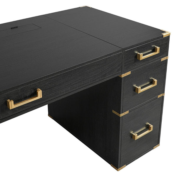 English Elm 70" Executive Writing Desk with Gold Metal Trim Seven Drawers and Built-in Power Outlets N751S376579B