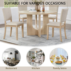 English Elm 47.3" Round Oak Dining Set Seats Four with Linen Upholstered Chairs for Modern Kitchens W1998S00087