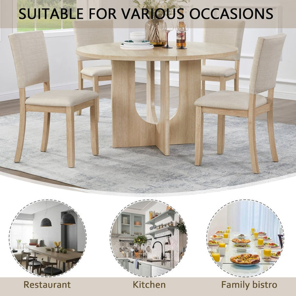 English Elm 47.3" Round Oak Dining Set Seats Four with Linen Upholstered Chairs for Modern Kitchens W1998S00087