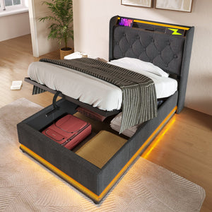 English Elm Twin Upholstered Bed with Hydraulic Storage, Surround LED, App/Remote Control & USB Type-C Charging Gray N736P188805G