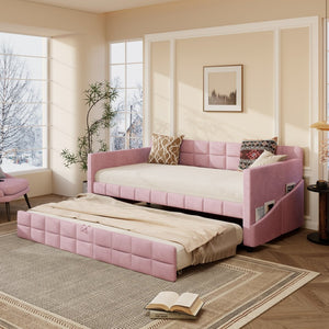 English Elm Modern Velvet Twin Daybed with Pull Out Trundle and Built in Armrest Storage Pockets Pink SF000200AAH