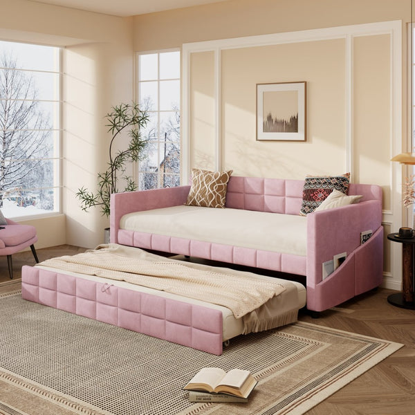 English Elm Modern Velvet Twin Daybed with Pull Out Trundle and Built in Armrest Storage Pockets Pink SF000200AAH