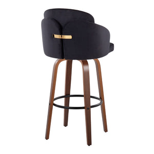 English Elm Fixed-height Mid-century Barstools with Walnut Legs and Grey Upholstered Seats Set Black B202S01904