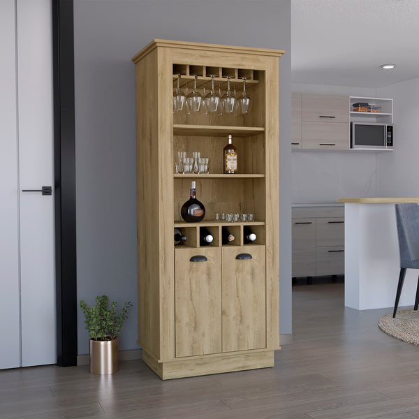 English Elm Lafayette Elegant Bar Cabinet with 4-Bottle Wine Rack, 10-Glass Holder and Spacious Dual-Door Storage Beige 33 L x 27 W x 5 H B070S00328