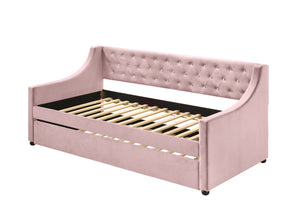 English Elm Lianna Pink Velvet Daybed with Roll-Out Trundle, Twin Upholstered Button-Tufted Bed, No Mattress Included B2726S00323