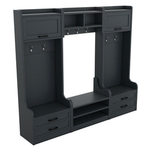 English Elm 4-in-1 Hall Tree with Bench, 7 Hooks, 2 Cabinets & 4 Drawers for Entryway Storage and Seating Antique Blue W1580S00091