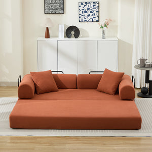 English Elm Folding Corduroy Sofa Bed 78.5" Convertible 3-Seater to Bed with 2 Pillows, No Assembly, Orange W2915P391458