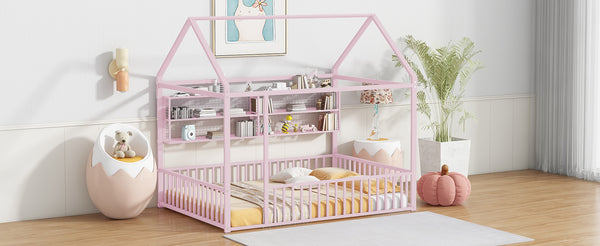 English Elm Full Metal House Bed Frame Full Size with Built-In Fence and 4 Grid Shelves for Durable Storage and Style Pink N737P175361H