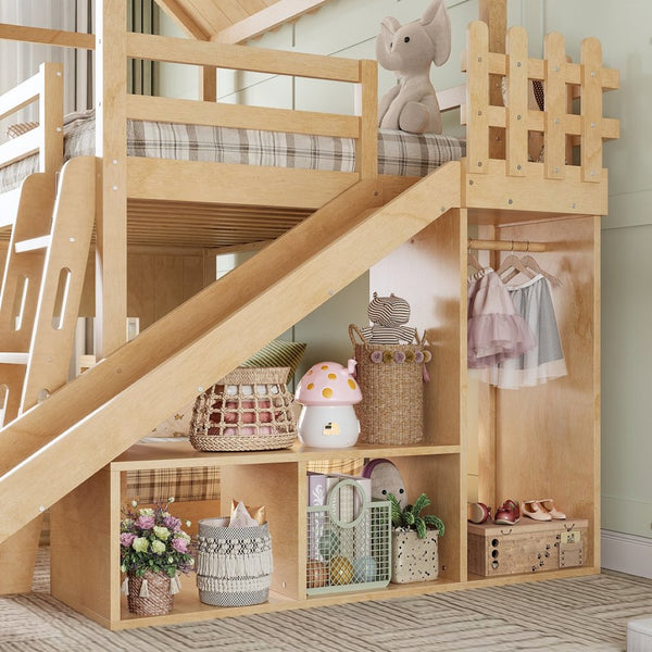 English Elm Twin Over Full Playhouse Bunk Bed with Slide Ladder Storage Shelves and Wardrobe W5305S00040