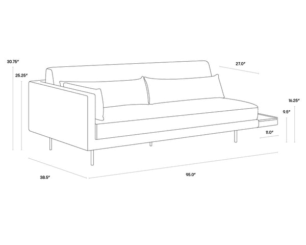 Sunpan Kalani Sofa - Modern Streamlined Design with Comfort Bolsters and Stylish Pine Wood Shelf Accent Danny Dusty Blue