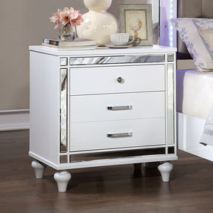 English Elm White Crocodile-Textured Nightstand with Mirror Trim, Felt-Lined Top Drawers & Ornate Bun Feet - Contemporary Bedroom Accent B011P402573