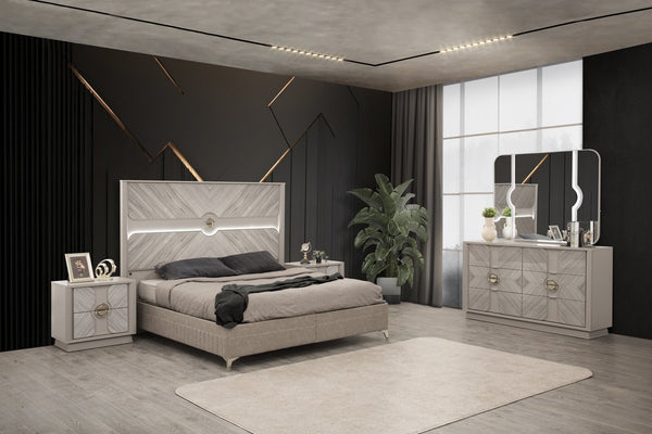 English Elm Eternity King 5PC Bedroom Set with Eucalyptus Veneer, High-Gloss Lacquer, Soft-Close Drawers & Storage B009S02049