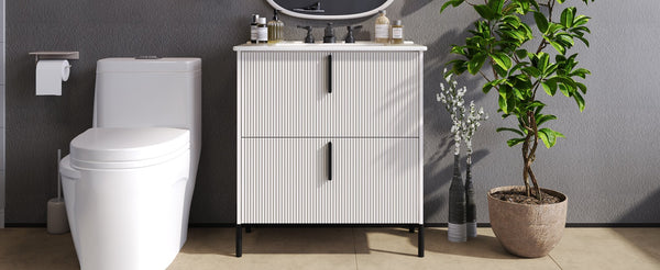 English Elm Christopher Knight Home® - 30" Elegant Bathroom Vanity With Ceramic Sink, Soft-Close Drawers & Fluted Design In Timeless White N817P295761W