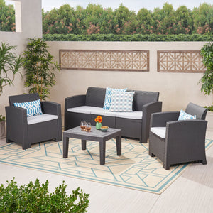 English Elm Christopher Knight Home® - 5 Seater Outdoor Wicker Chat Set with Waterproof Removable Cushions, Durable Polypropylene, Charcoal 61311.00