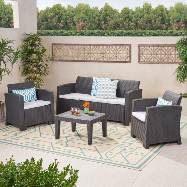 English Elm Christopher Knight Home® - 5 Seater Outdoor Wicker Chat Set with Waterproof Removable Cushions, Durable Polypropylene, Charcoal 61311.00