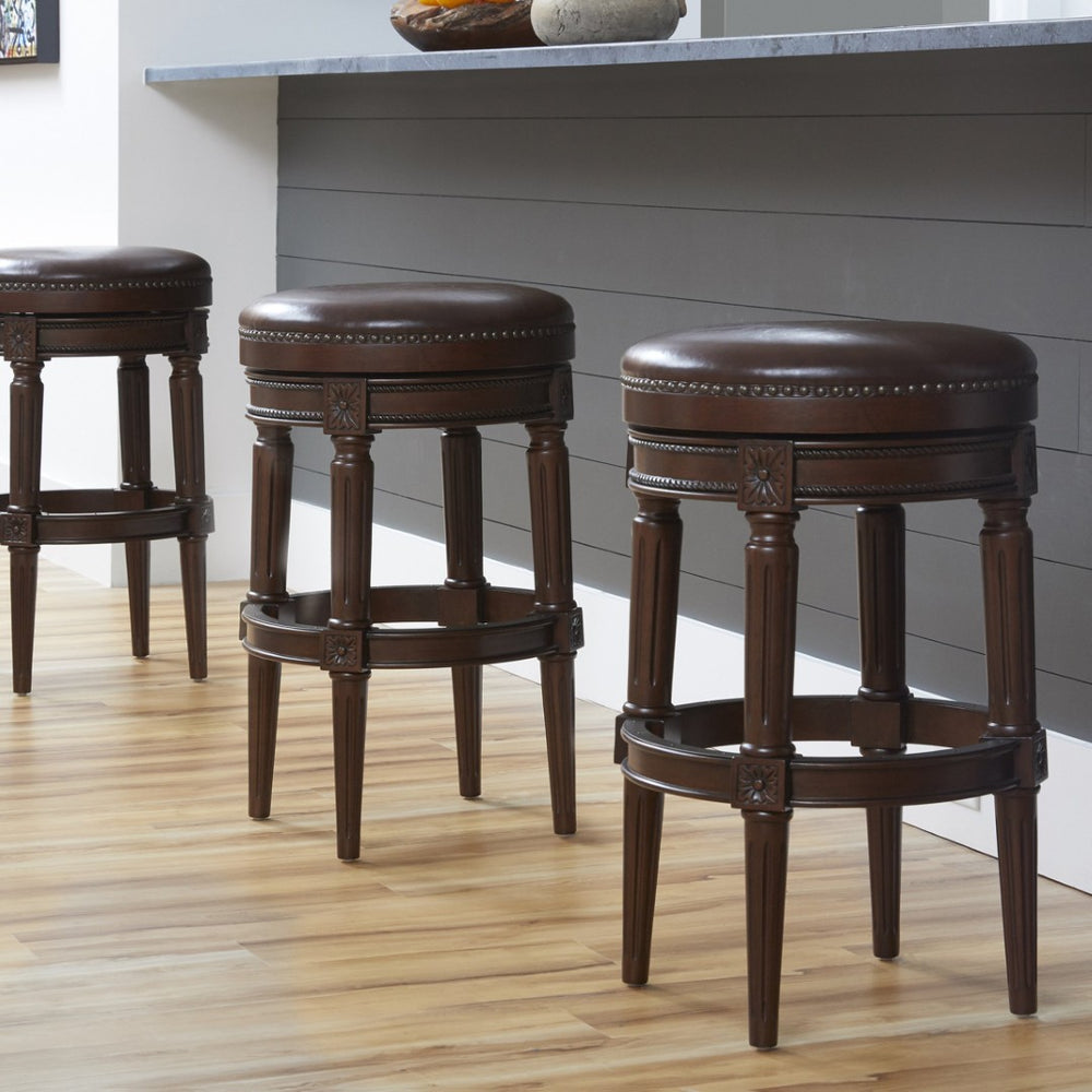 English Elm 31in. Swivel Barstool Faux Leather Seat Nailhead Trim Carved Walnut Frame Kitchen Bar B2751P436435
