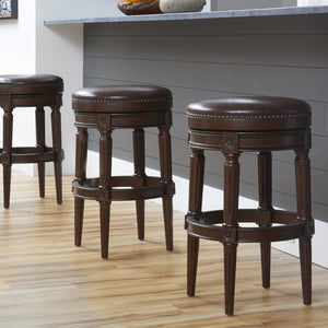 English Elm 31in. Swivel Barstool Faux Leather Seat Nailhead Trim Carved Walnut Frame Kitchen Bar B2751P436435