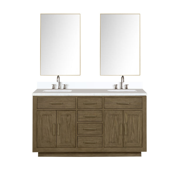 English Elm Grey Oak Double Bath Vanity 60 in. W x 22 in. D with White Quartz Top, Chrome Faucets & Dual Mirrors B2731S01797