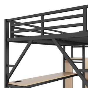 English Elm Full Loft Bed with Desk and Charging Station, Metal Loft with Stairs, Wardrobe, Shelves & Light Black W2580S00047