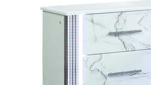 English Elm Desire Marble-Inspired Drawer Nightstand with LED Side Lighting, Metallic Trim, White Finish, Durable Build B009P309338