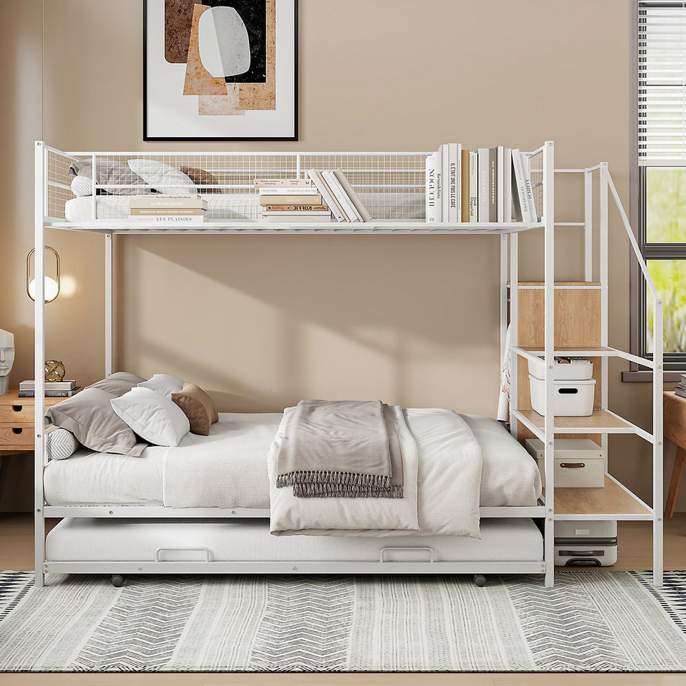 English Elm Twin Metal Bunk Bed with Trundle, Lateral Storage Ladder & Wardrobe | Space-Saving Durable Design White SF000173AAK