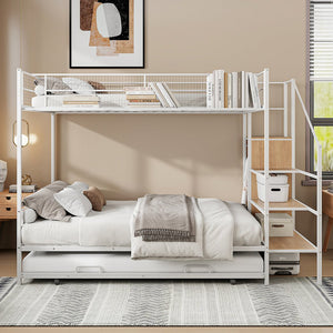 English Elm Twin Metal Bunk Bed with Trundle, Lateral Storage Ladder & Wardrobe | Space-Saving Durable Design White SF000173AAK