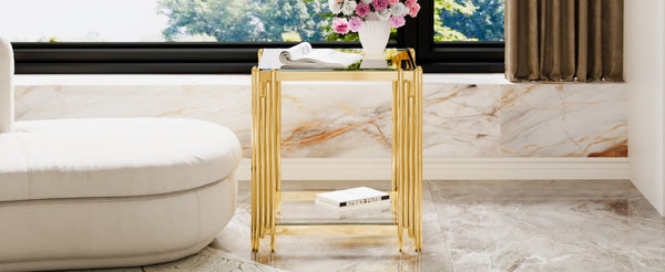 English Elm Modern Round Mirrored Glass End Table with Gold Metal Frame and Lower Display Shelf Transparent N735P380093K