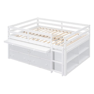 English Elm Full Size Kids Loft Bed Pinewood Frame Dual Study Desks Drawers and Open Shelving White LT000369AAK